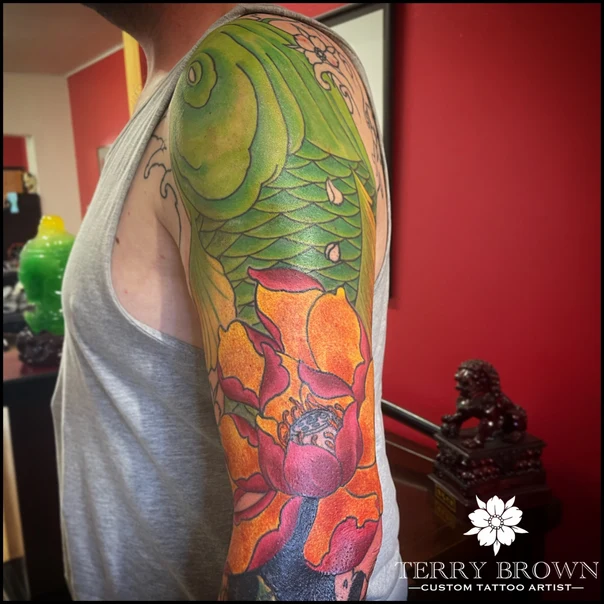 Japanese Koi, Lotus tattoo on Full Sleeve