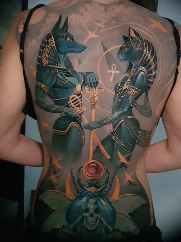 Иллюстративная Egyptian, Gods tattoo на Спина (полная)