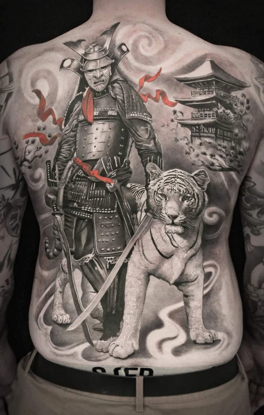 Японская Samurai, Tiger tattoo на Спина (полная)