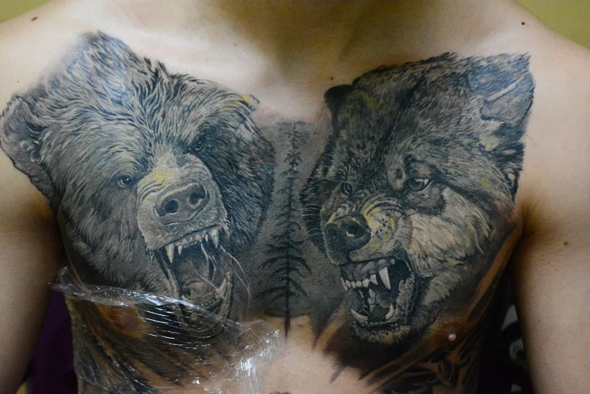 A detailed black and grey tattoo featuring a bear and a wolf with snarling expressions on the chest.