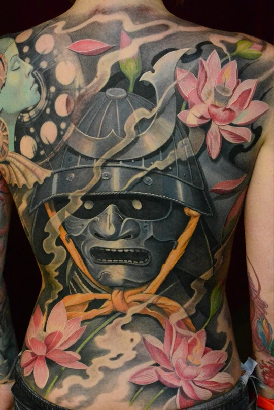 Японская Samurai, Lotus tattoo на Спина (полная)