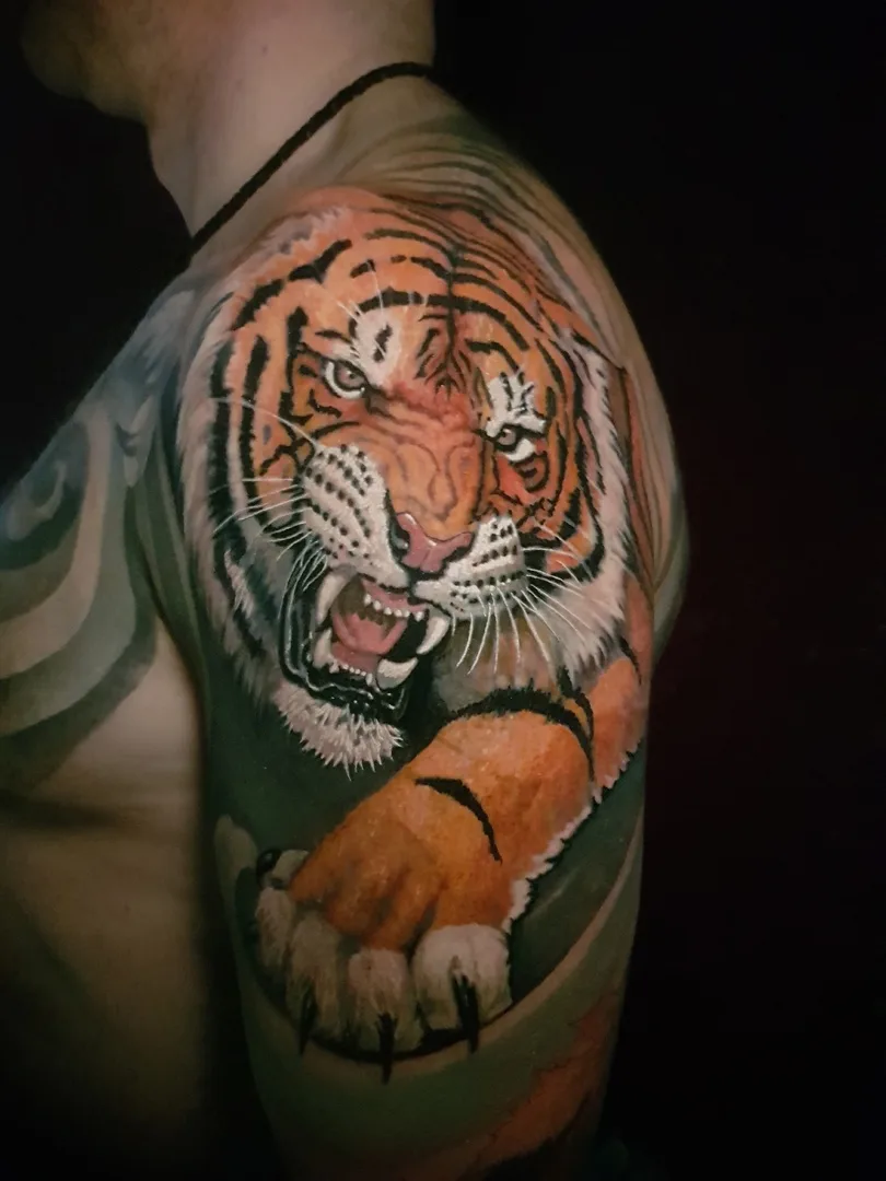 A detailed and realistic black and grey tattoo of a roaring tiger covering the shoulder and upper arm.