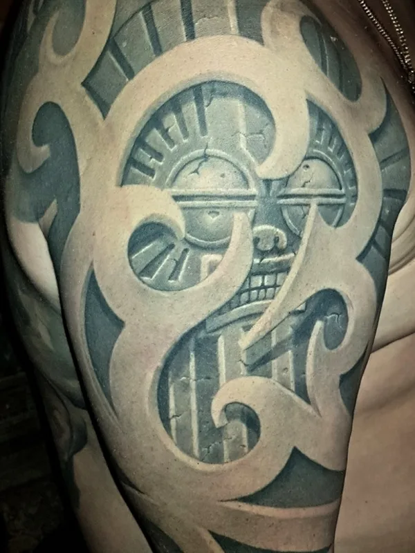 male black and grey biomechanical tattoo on shoulder #89998 | Tattoo Artist Дмитрий Чикаев