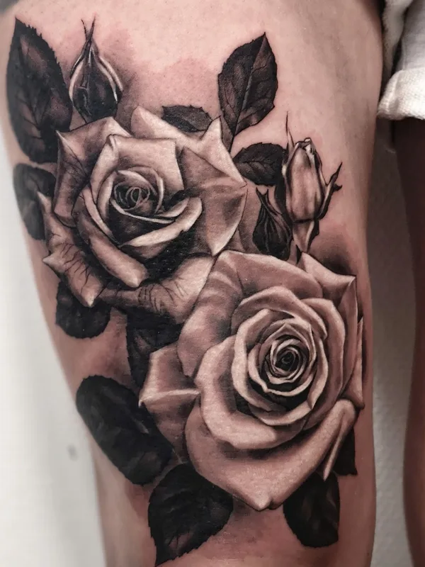black and grey realism tattoo on thigh #84955 | Tattoo Artist Ксения Eve