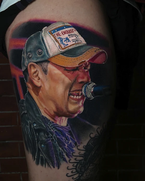 Realism Portrait, Musician tattoo on Thigh