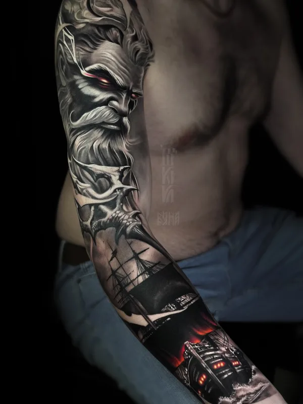 male black and grey realism татуировка на full sleeve #88841 | Тату мастер Саша Вий