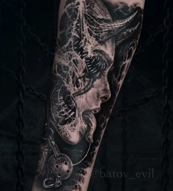Чёрно-серая Demon, Portrait tattoo на Предплечье