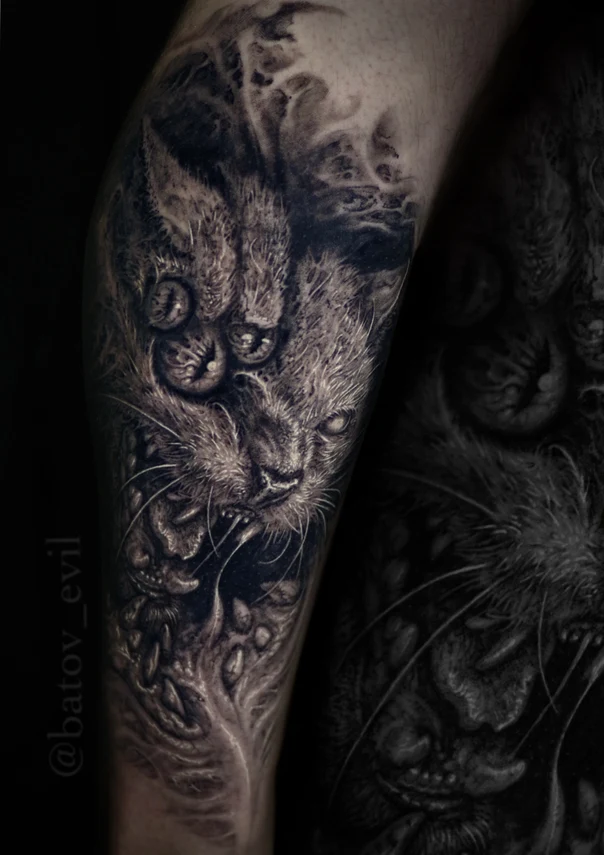 Чёрно-серая Cat tattoo на Предплечье