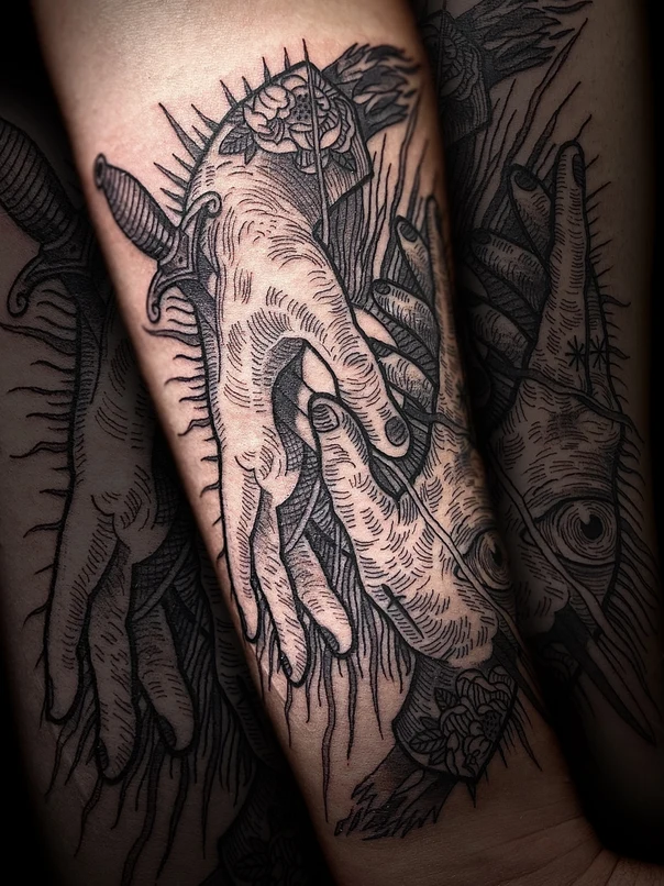 Блэкворк Hands, Dagger tattoo на Предплечье