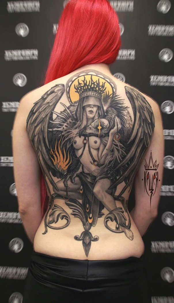 Иллюстративная Angel, Wings tattoo на Спина (полная)