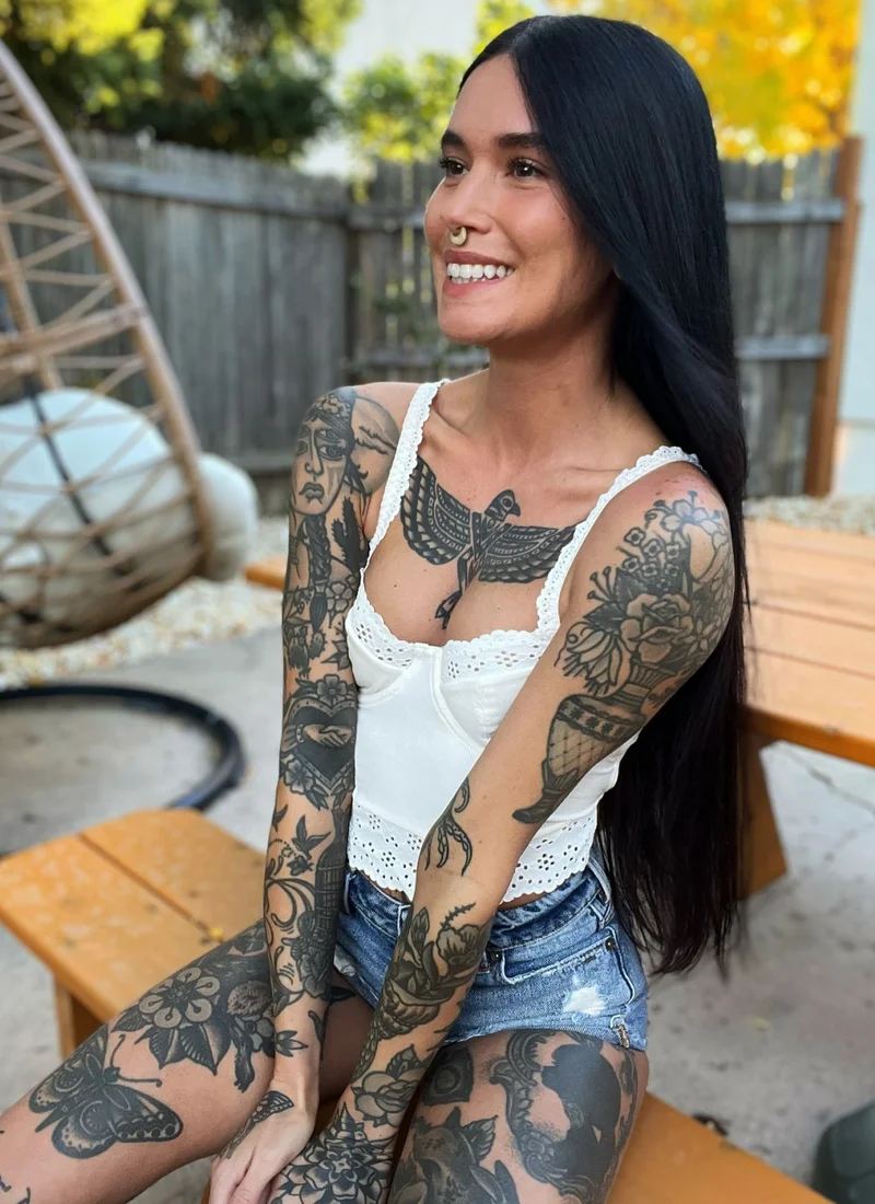 American tattoo model Peach Fuzz with unique Indigenous beauty