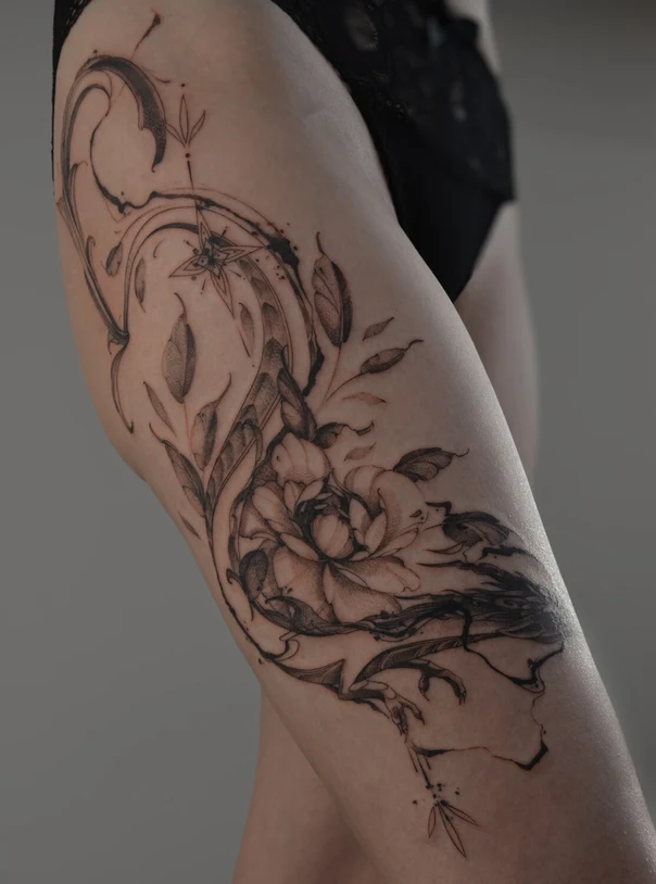 Иллюстративная Floral, Leaves tattoo на Thigh