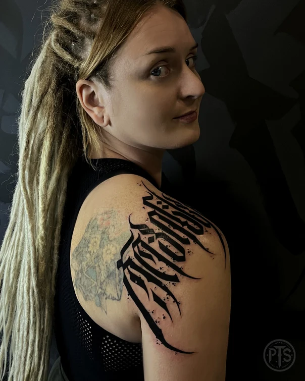 Calligraphy Lettering tattoo on Shoulder