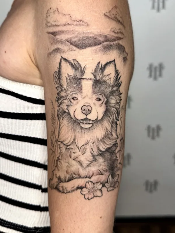 black and grey sketch tattoo on upper arm #99256 | Tattoo Artist Ruby Gore