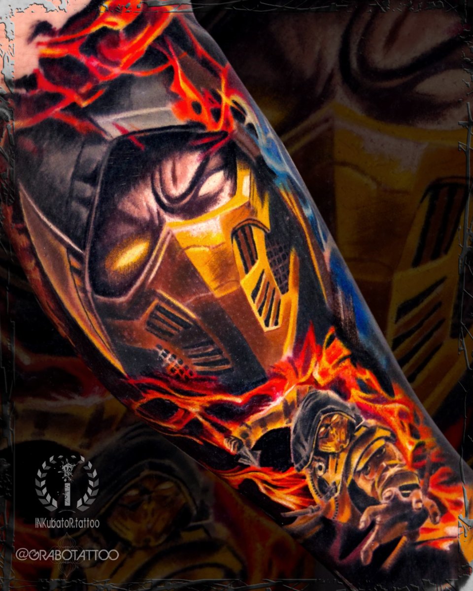 Realism Scorpion, Mortal kombat mask tattoo on Forearm