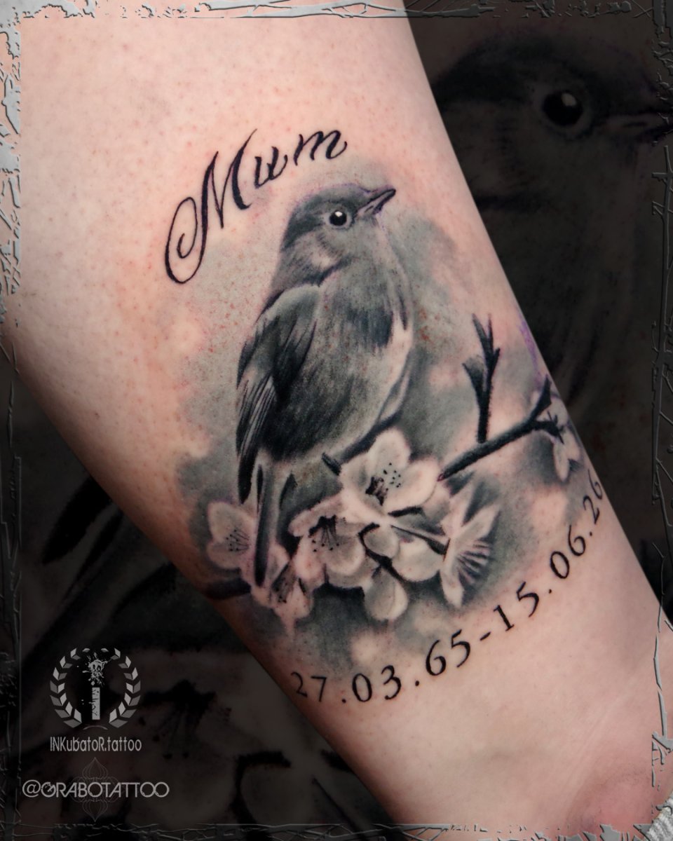 Realism Bird, Cherry blossom tattoo on Upper Arm