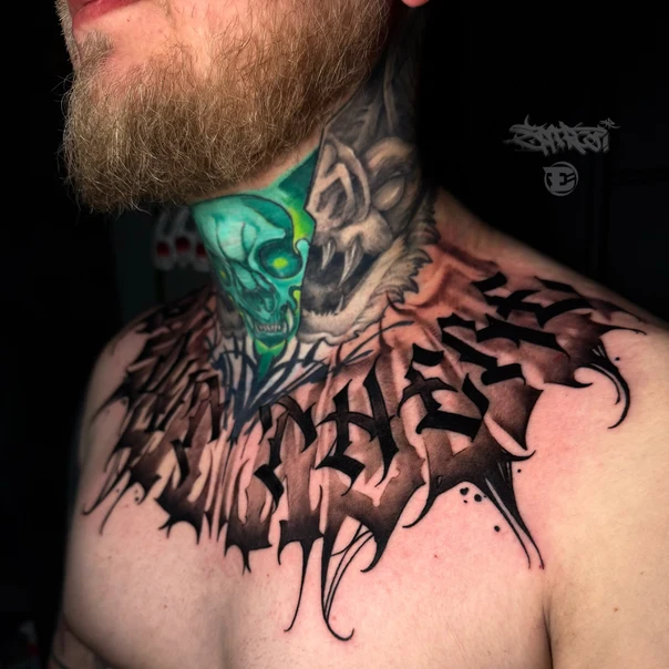 Блэкворк Skull, Lettering tattoo на Шея