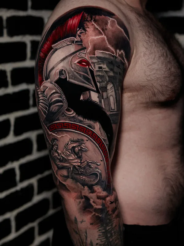 male color realism tattoo auf full sleeve #91669 | Tätowierer Артём Сачко