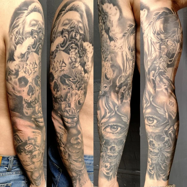 Чёрно-серая Skull, Eye tattoo на Полный рукав
