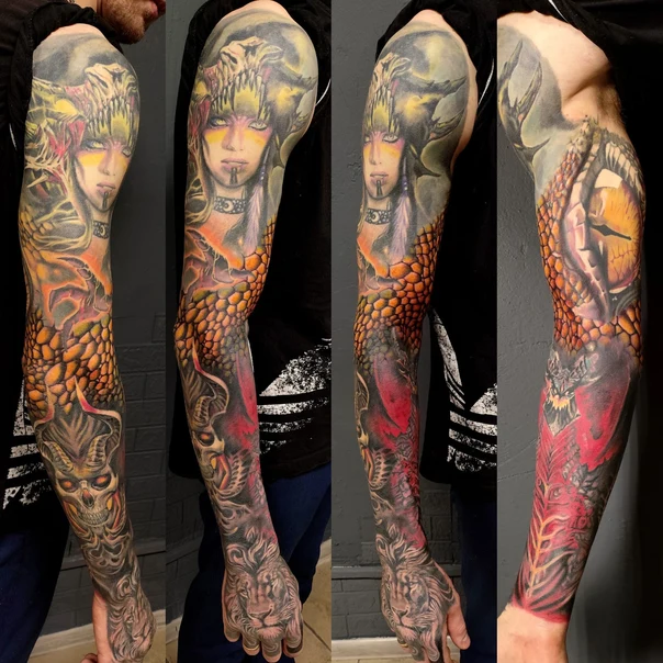 Иллюстративная Skull, Lion tattoo на Полный рукав