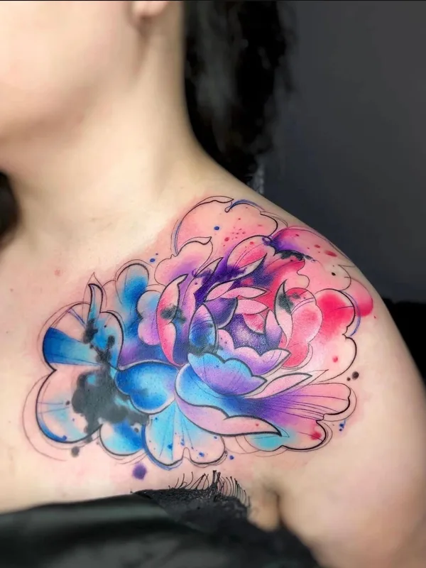 female color watercolor tattoo on collarbone #91561 | Tattoo Artist Олеся Фрайдлин