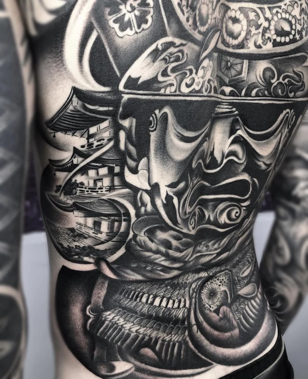 Японская Mask, Temple tattoo на Спина (полная)