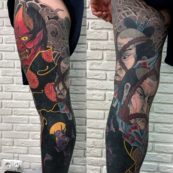 Японская Demon, Koi tattoo на Full leg