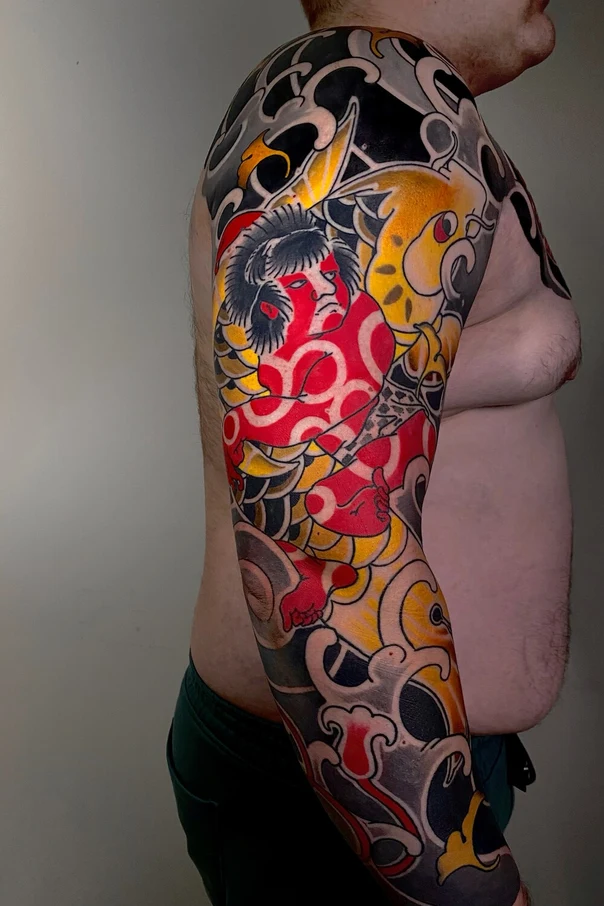 Японская Demon, Waves tattoo на Полный рукав