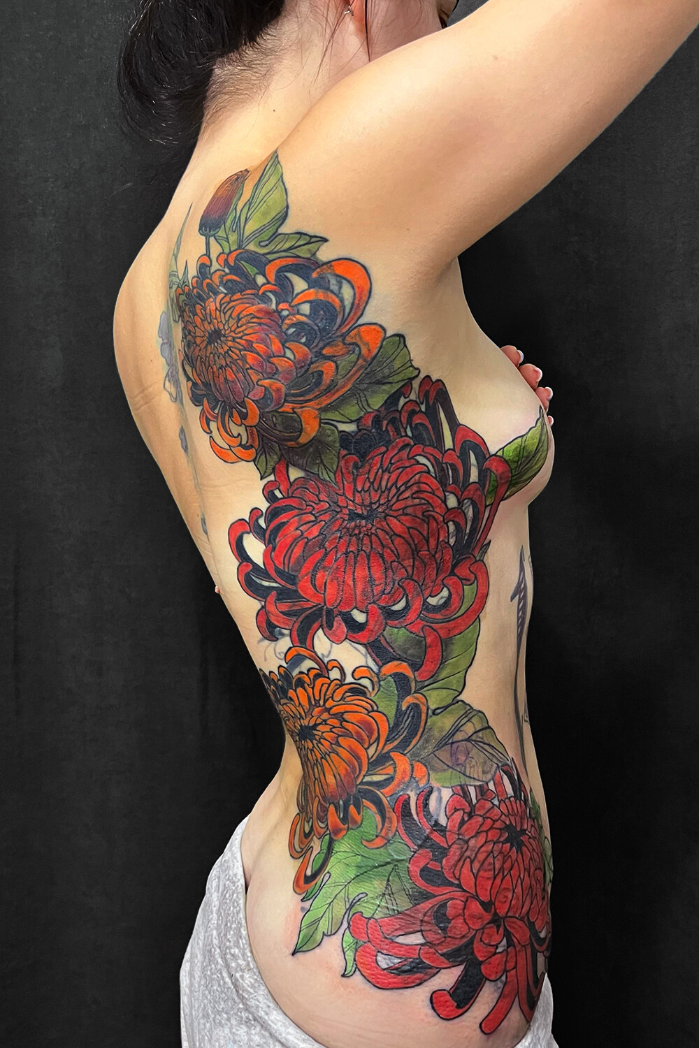 Japanese Flowers, Chrysanthemum tattoo on Side