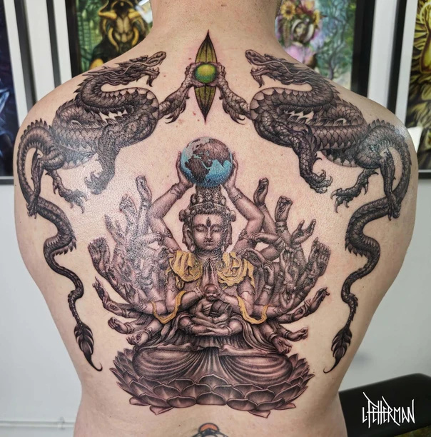 Japanese Dragon, Buddha tattoo on Full Back