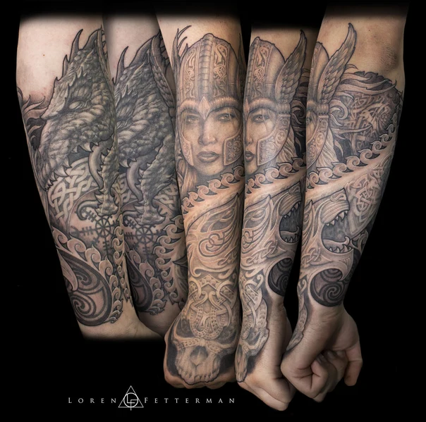 Realism Dragon, Warrior tattoo on Full Sleeve