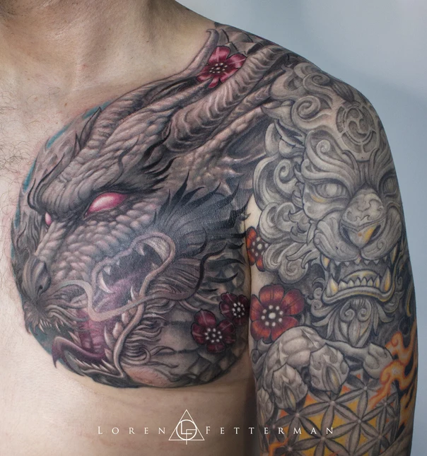 Japanese Dragon, Lion tattoo on Chest