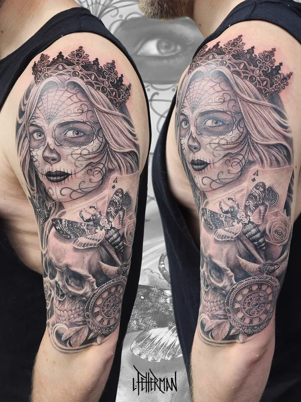 male blackandgrey illustrative tattoo auf sleeve #92228 | Tätowierer Loren Fetterman