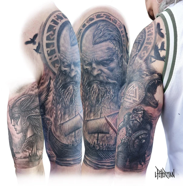 Realism Viking, Raven tattoo on Full Sleeve