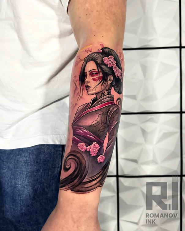 Иллюстративная Geisha, Flowers tattoo на Предплечье