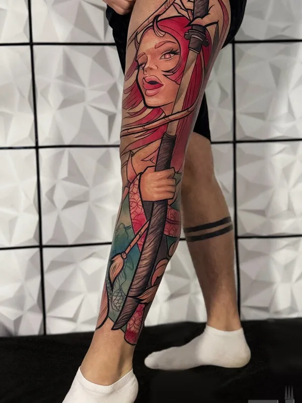 male color neotraditional 纹身 在 leg #95888 | 纹身师 Никита Романов 