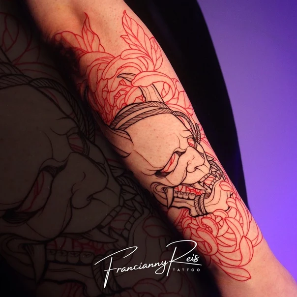 Japanese Oni mask, Flowers tattoo on Forearm