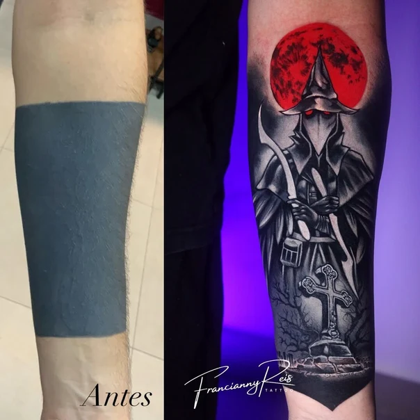 Blackwork Grim reaper, Cemetery tattoo on Forearm