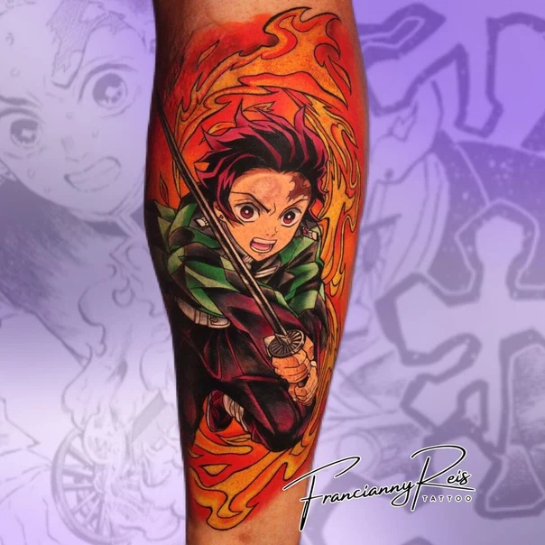 Anime Anime character, Fire tattoo on Calf