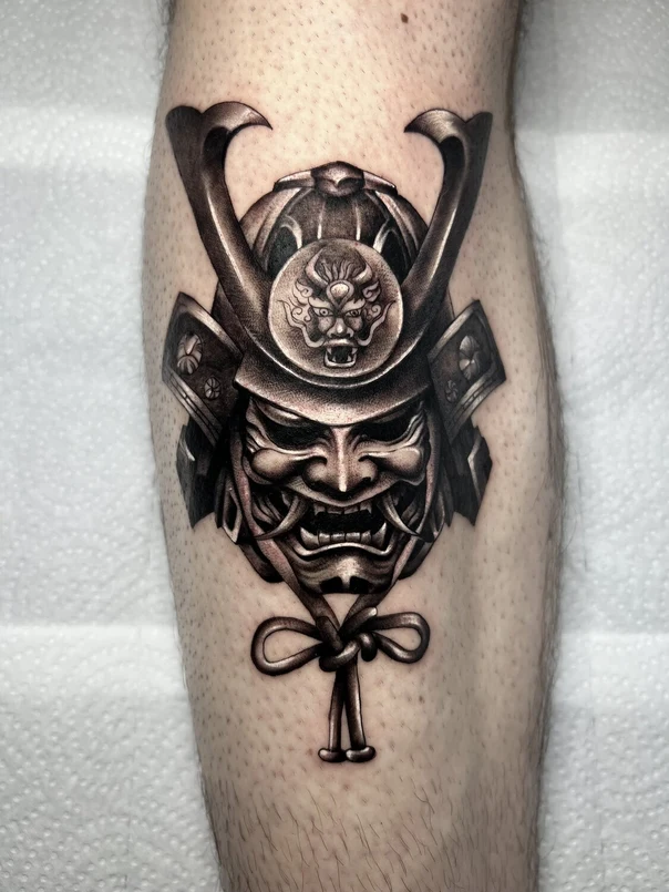 Black & Grey Samurai, Mask tattoo on Calf