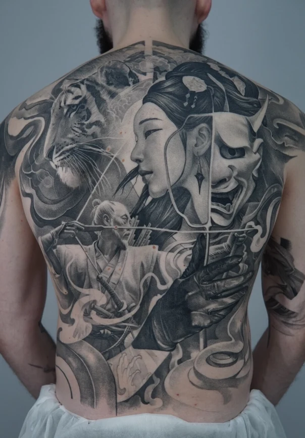 Japanese Tiger, Geisha tattoo on Full Back