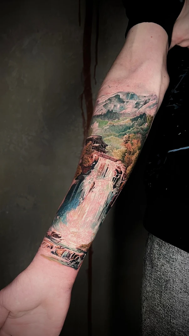 Реализм Landscape, Waterfall tattoo на Предплечье