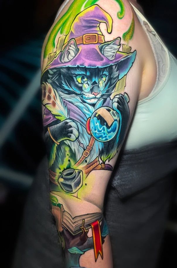 Иллюстративная Cat, Witch tattoo на Полный рукав