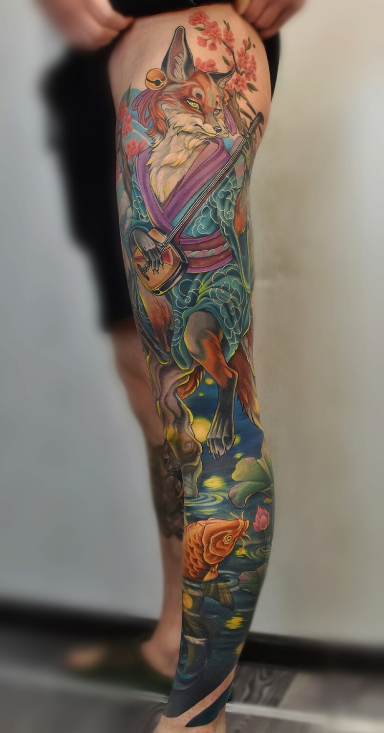 Японская Fox, Koi fish tattoo на Full leg