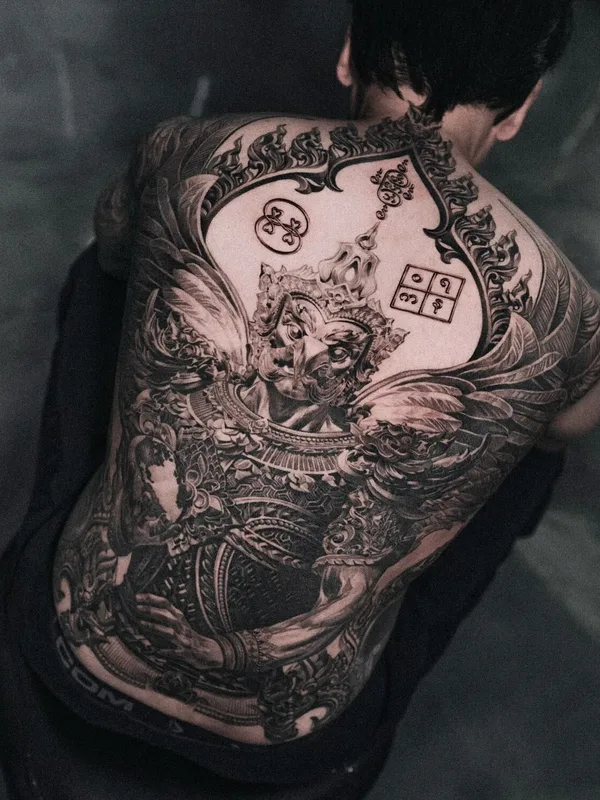 black and grey black and grey 纹身 在 full back #92968 | 纹身师 Viacheslav Danh