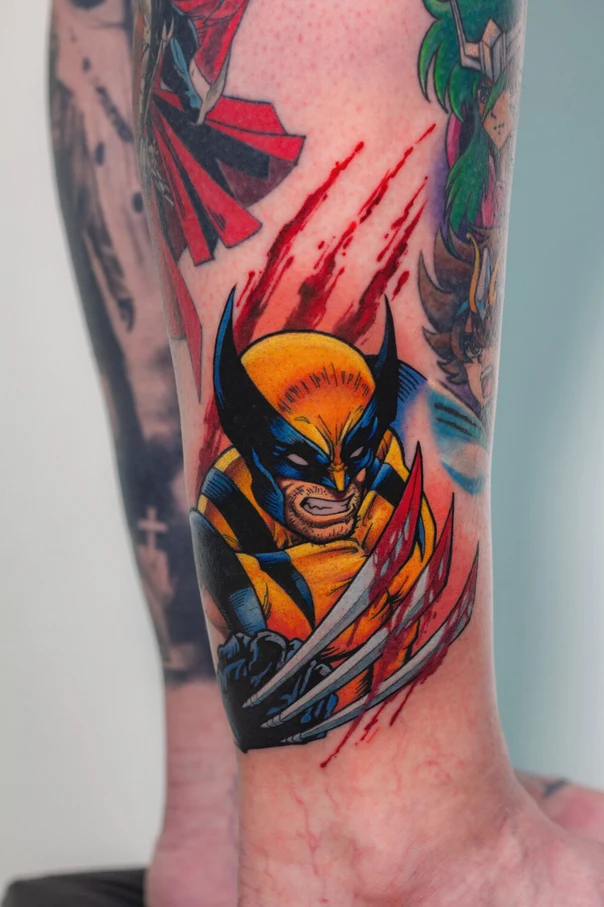 New School Wolverine, Comic book tattoo on Calf