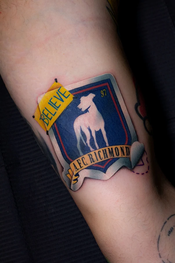 Illustrative Dog, Crest tattoo on Forearm