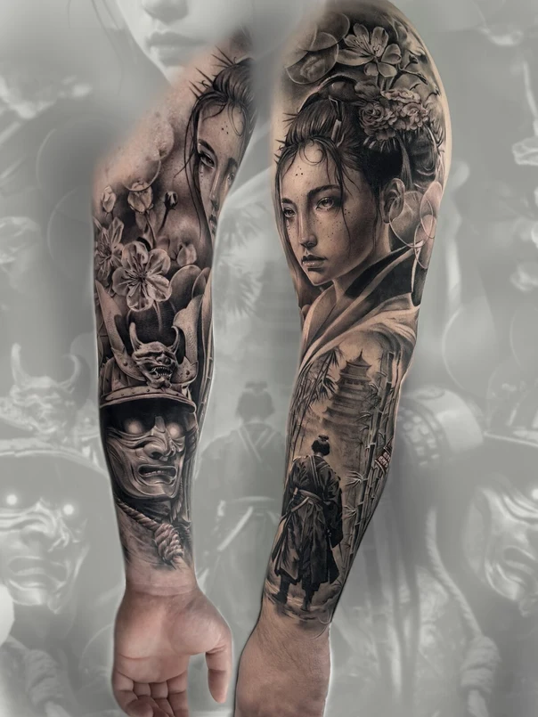 Реализм Geisha, Samurai tattoo на Полный рукав