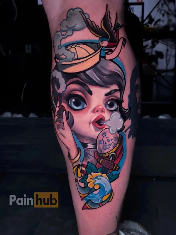 male color oldschool tatuaje en shin #93505 | Tatuador Юлия Колесникова