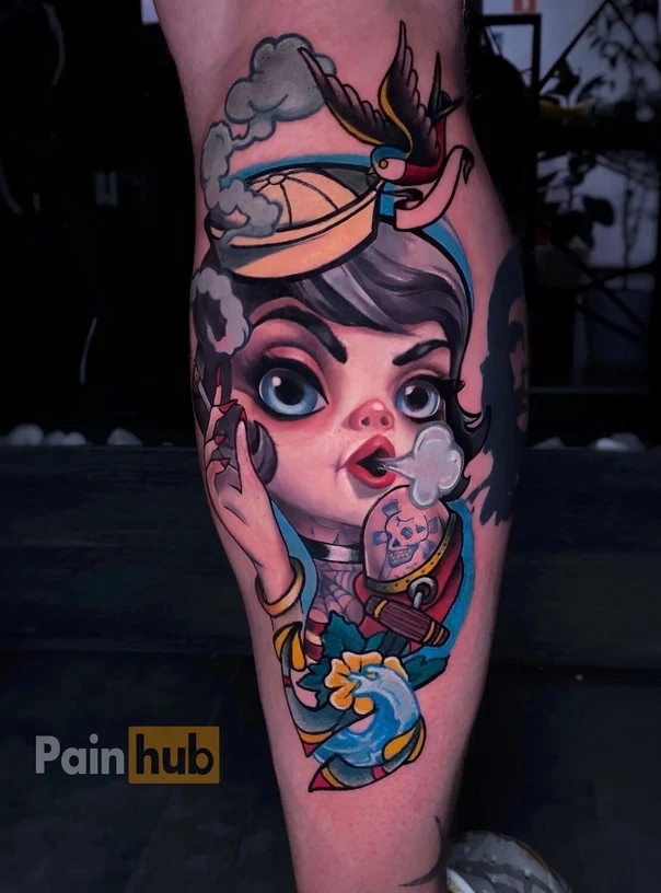Neo-traditional Woman, Bird tattoo on Thigh